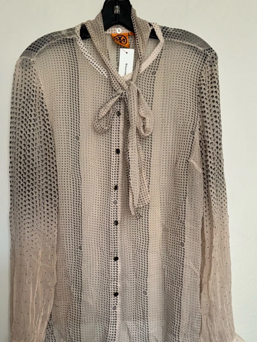 Tory Burch Silk Detachable Scarf Sheer Button-Down in Beige and Black Dot
